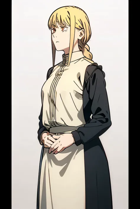 ((best quality)), ((masterpiece)), (detailed), Makima, ringed eyes, blond hair, braided ponytail, bangs, yellow eyes, sidelocks, medium hair, long hair, nun, half body, walking, head turned, white background, front view, talking,