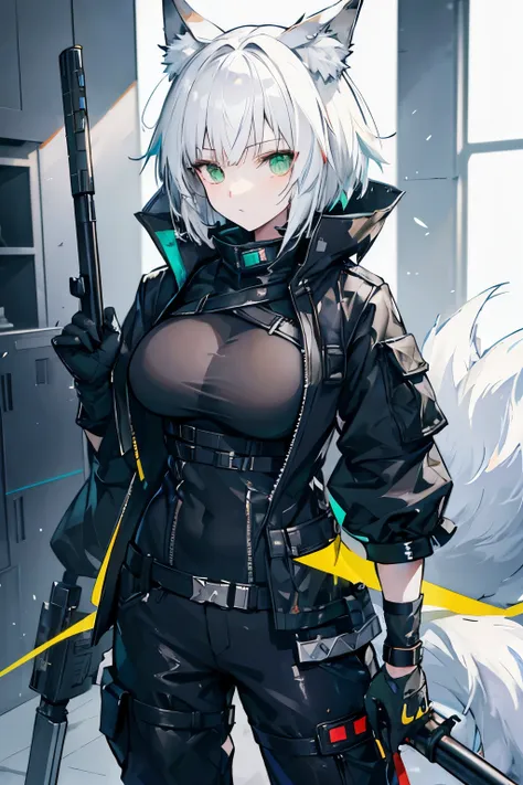 arknights art style, arknights world,wolf girl,wolf ears,fluffy  tail,short hair,white hair,green eyes,mature body,big breasts,w...