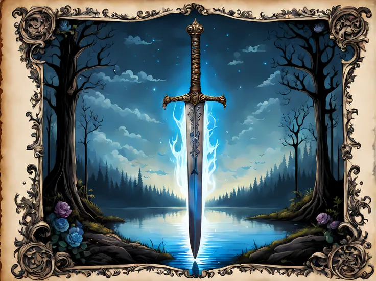 Cute Cartoon, CuteCartoonAF, (cute cartoon style:1.3), (on an antique book page with gothic ornate:1.3). | ((distant view of a legendary sword floating)) above a lake, surrounded by tall forest. | The sword has divine captivating aura, glowing with soft bl...