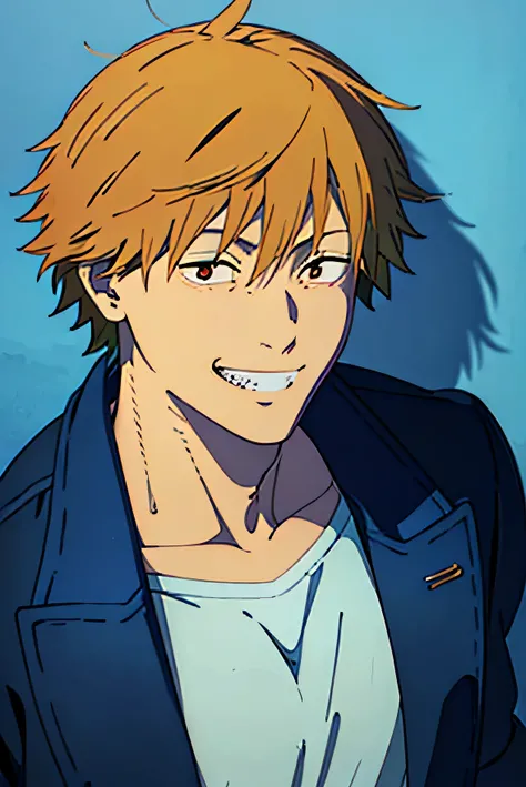 ((best quality)), ((masterpiece)), (detailed), Denji, blue jacket, blue shades, smiling, white background, face