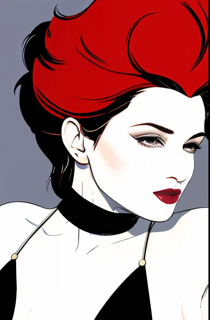 (Masterpiece Art:1.1), (Best Quality), Woman with strapless dress and lipstick, greybackground, With art style by Patrick Nagel, Beautiful, highly detailed painting, (highly detailed incline), (Detailed face), (Detailed eyes:1.1), (Perfect breasts), models...