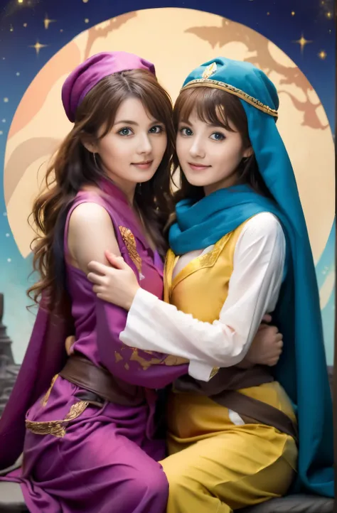 All faces and pictures must be different, two female oen soldiers with colorful robes, sitting,dynamic pose,big eyes,magical world,fantastic world