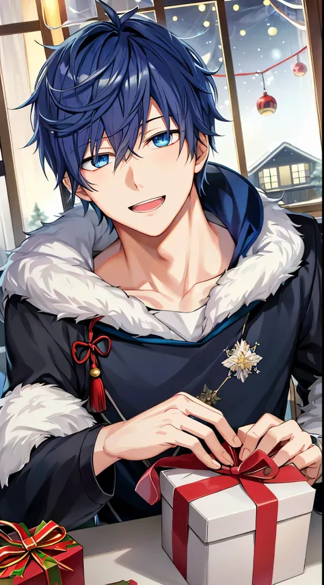 Blue-eyed anime boy holding a present in front of the window, tall anime man with blue eyes, anime handsome guy, little smiling、inspired by Masanobu Okumura, inspired by Okumura Togyu, hijikata toushirou of gintama, zerochan art, Anime portrait of a handso...