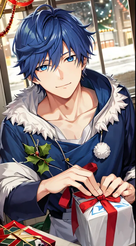 Blue-eyed anime boy holding a present in front of the window, tall anime man with blue eyes, anime handsome guy, little smiling、inspired by Masanobu Okumura, inspired by Okumura Togyu, hijikata toushirou of gintama, zerochan art, Anime portrait of a handso...