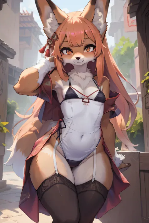 girl in a string bikini with a fox tail, female furry mini cute style, holo is a wolf girl, dress, furry brown body!!, holo if a...