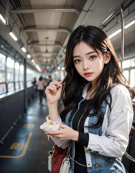 (((woman standing on the train platform)))、((christmas night))、have a cake box、beautiful eyes and face、An ultra-high picture quality、8k、Smart Body、High Style、About 24 years old、Detailed eyes、Detailed skin、Smiling、