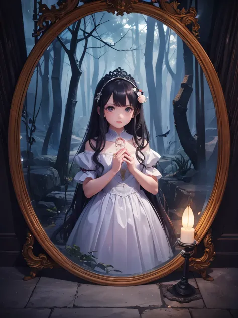 Girl trapped in an antique magic mirror、The background is a spooky forest、Captive Princess