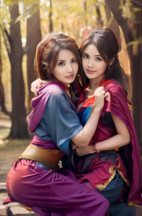 All faces and pictures must be different, two female oen soldiers with colorful robes, sitting,dynamic pose,big eyes,magical world,fantastic world