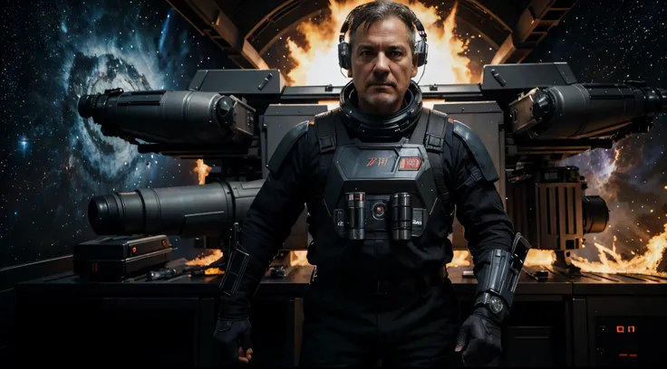 Sci-fi, high quality, very detailed, a middle-aged man in a combat exoskeleton ready for battle, a blaster in his hands, a dynamic pose, against the backdrop of a burning space station