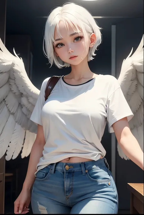 cute girl,She has two wings, Short white hair, white wings, Hawk eyes, white shirt, jeans, Two large wings