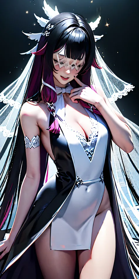 （（tmasterpiece，best qualtiy）），perfect  detail，Unity 8k壁纸，offcial art，genshin impact，young and beautiful girl，独奏，Model figure，shiny skins，Gorgeous Hair in Long Purple，Exquisite Hair，Short smile，eye closeds，Keep your eyes closed，（（White grid-like veil）），A sh...