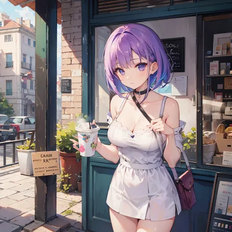 A girl with purple bob hair drinking cafe au lait