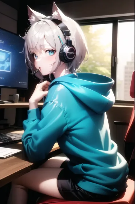 anime girl sitting at a desk with headphones on and a computer, anime style 4 k, 4k anime wallpaper, best anime 4k konachan wall...