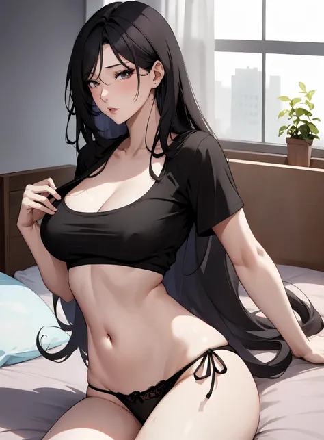 (woman in panties and t-shirt lying on the bed), the girl is lying on her stomach, legs crossed,  full-body, sexy black panties, black t-shirt, (translucent t-shirt), black lace, bkack stockings, anime style, Professional Artwork, intricate details, field ...