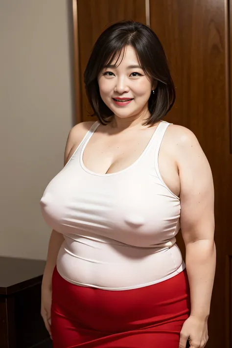 Mature and attractive woman,sixty years old,aunty,Korea person,Narrow-eyed,red clothing,bbw,fatness,A smile,​masterpiece,top-quality