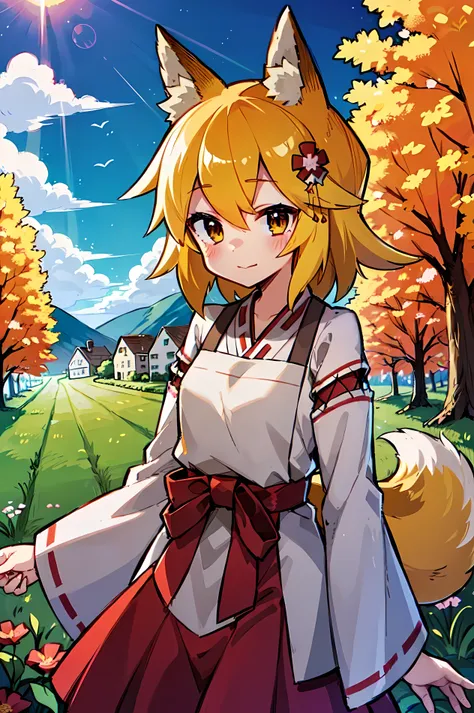 a  girl, fox ears, 4k image, flowers of different colors, field, beautiful trees, maximum details, village, at home, beautiful c...