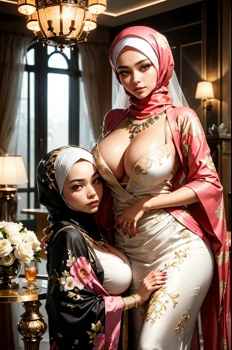 (beautifull lady and her sister with gigantic breast, wear detail luxury hijab), (detail luxury kimono), (elegant pose), (inside wedding hall), (luxury lamp), (luxury table), expensive detailed necklace, flower vasem detail luxury floor, detail flower vase...