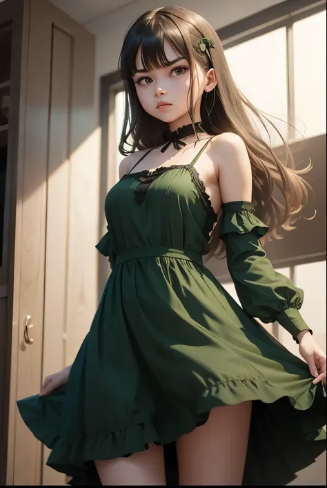 Cute girl, angry girl wearing a long dark green dress,