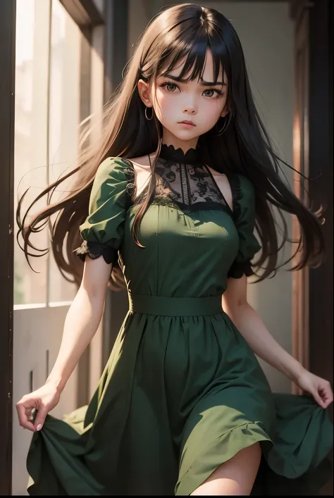 Cute girl, angry girl wearing a long dark green dress,