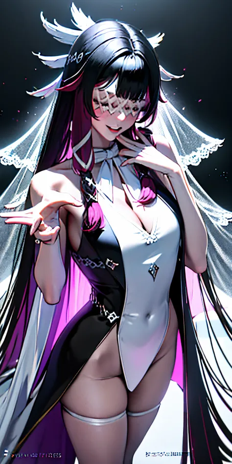 （（tmasterpiece，best qualtiy）），perfect  detail，Unity 8k壁纸，offcial art，genshin impact，young and beautiful girl，独奏，Model figure，shiny skins，Gorgeous Hair in Long Purple，Exquisite Hair，Short smile，eye closeds，Keep your eyes closed，（（White grid-like veil）），A sh...