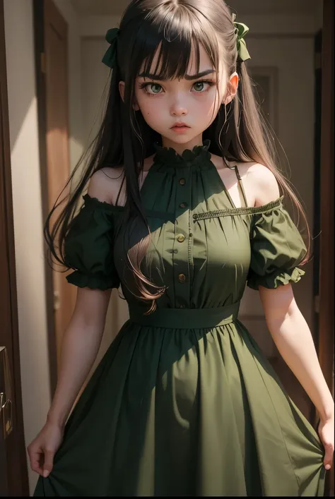 Cute girl, angry girl wearing a long dark green dress,