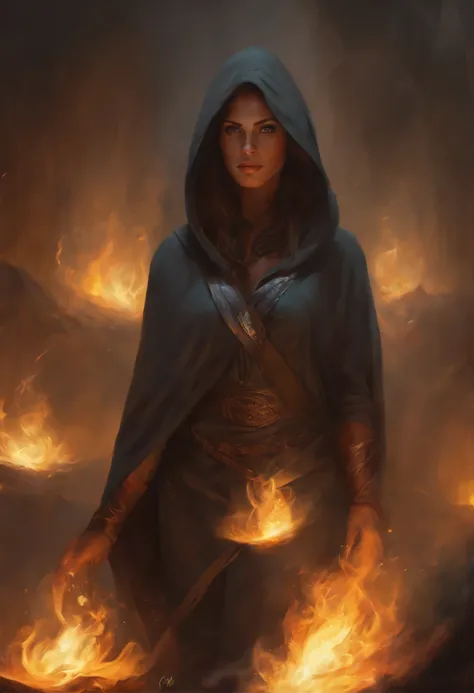 Photo of a burning man with gray hair., yellow eyes and hoodie., fire, scratch on face, beautiful character painting, Black-haired god, graphic artist magali villeneuve, alena aenami and artgerm, fantasy concept art portrait, female redhead templar, Artger...