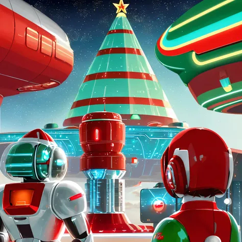 Conceptualize a retro-futuristic christmas on a distant planet reminiscent of the 1950s, blending art deco aesthetics with sci-fi elements, and colors of chrome, cherry red, and atomic turquoise.