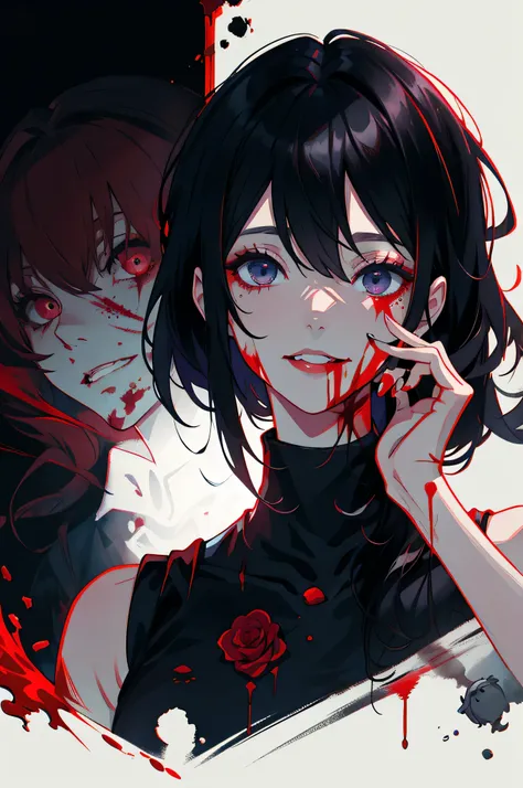 Vanessa_Colgurin, yandere, crazy eyes, crazy, crazy smile, masterpiece, 1girl, solo, solo focus, blood on face, blood, blood on clothes, nosebleed, psychopath, horror (theme), black hair, sleeveless, black sleeveless turtleneck, upper body, finger to mouth...