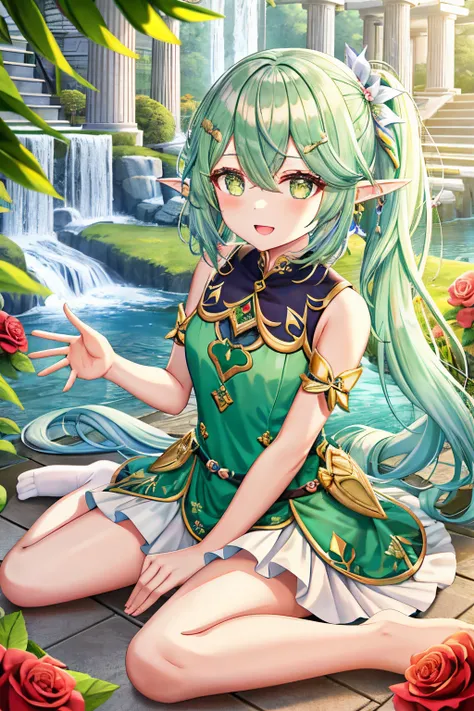 torino aqua, 1girl, :d, By bangs, cropped shoulders, Bracers, The tree枝, buliding, colored tips, commentaryrequest, cross-shaped pupils, 交叉By bangs, Eau晶, Eau晶飞虫(genshin impact), Sleeve separation, dot nose, shift dresses, tiny faeries, the feet, florals, ...