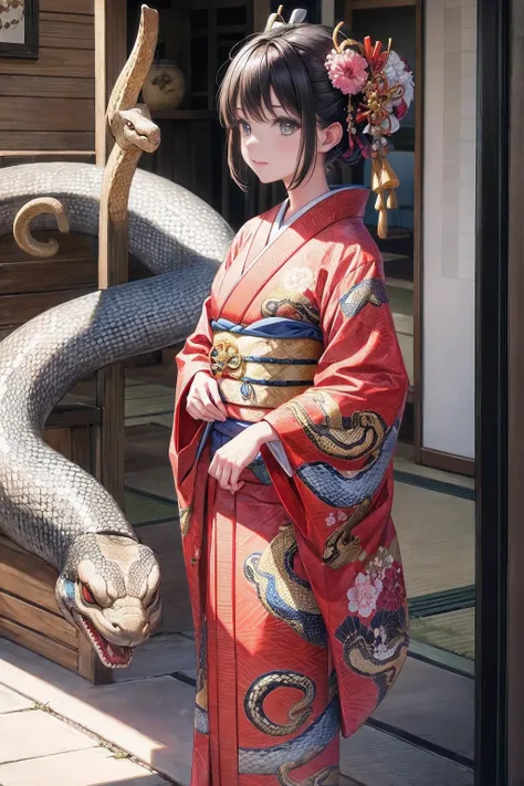 Wearing a kimono with a snake pattern,