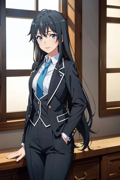 yukinoshita yukino ,woman in formal attractive tailcoat standing in a large alcove in the room , 1girl, solo, blue necktie, blac...