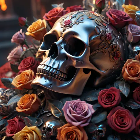 Best Quality,8K,hight resolution,masutepiece:1.2,Ultra-detailed,Realistic silver metal skull of hell,detailed corpse,bouquet of colorful roses,Grave,Horror-themed,horror festival setting