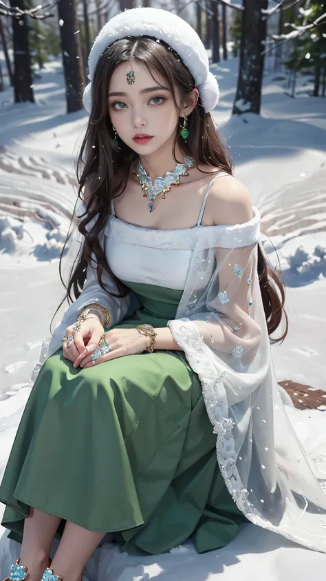 8k, masterpiece, 1 girl, beautiful face, very long hair, light makeup, detailed eyes, detailed lips, small bust, winter dress, dark green dress, (wearing jewellery:1.8), (green lace:1), ((snow falling:1.4)), sitting,