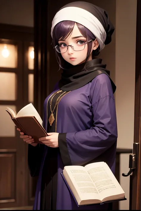 Cute girl, A girl wearing a white turban, glasses and a long black abaya, She has a book in her hand, Purple clothes