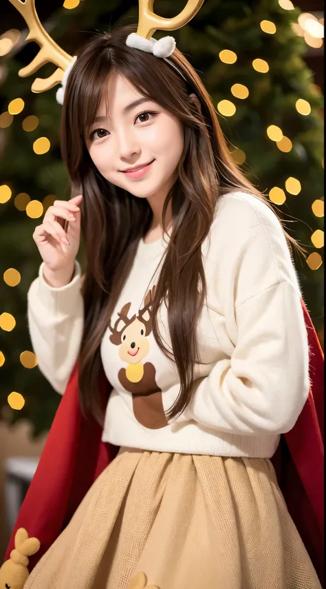 she has semi-long brown hair、wearing a reindeer costume、cute smile、yellow eyes、christmas background