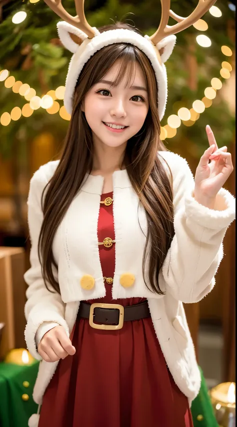 she has semi-long brown hair、wearing a reindeer costume、cute smile、yellow eyes、christmas background