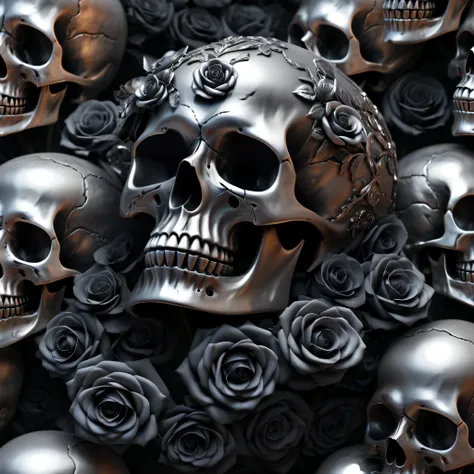 Best Quality,8K,hight resolution,masutepiece:1.2,Ultra-detailed,Realistic silver metal skull of hell,detailed corpse,Bouquet of black roses,Grave,Horror-themed,horror festival setting