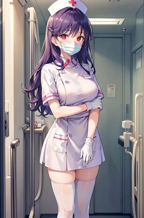 1woman, solo, nurse, nurse cap, white wear, ((white legwear, zettai ryouiki)), white gloves, long hair, purple hair, red eyes, ((white surgical mask, covered nose)), standing, ((hospital room)), sharp outline, short sleeves, mature female, 35 years old, be...