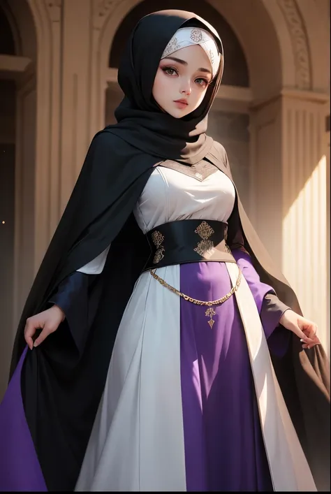 Cute girl, A girl wearing a white turban, a long black abaya, Purple clothes, Black cloak, white turban, sexy