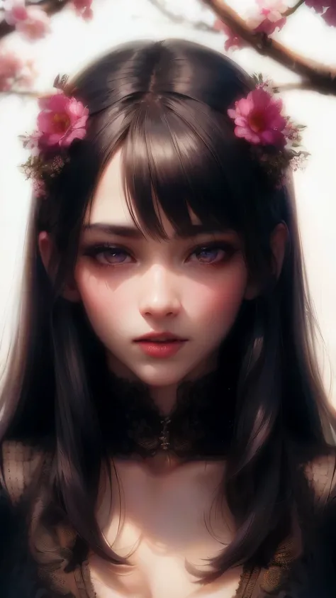 "(best quality, highres, realistic:1.37), purple flower petals, large detailed black monster eyes, large detailed black monster mouth, cherry blossoms, vivid colors, portrait lighting"