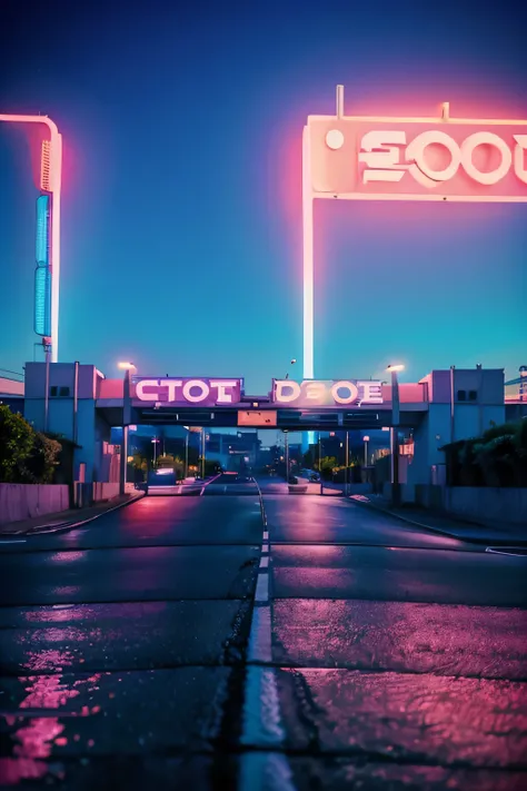 Road close-up against the background of the city, art deco outrun anime aesthestic, 8 0 s synthwave, retrowave!, The 80s are ahead, Running style, retrowave art, Synthwave in the style of the 80s, epic retrowave art, Surpass the art style, retrowave epic a...