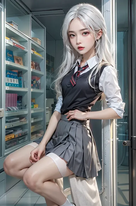 photorealistic, high resolution,  1women, solo, hips up, look at viewer, (detailed face), white hair, long hair, school uniform, skirt, stockings