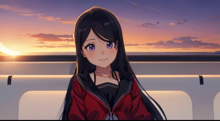 anime style photo of springring, anime girl with long black hair and purple eyes sitting on a train, watching the sun set. anime, ((sunset)), with sunset, with a sunset, sunset!!!, anime girl with long hair, sunset!, anime style. 8k, young anime girl, at a...