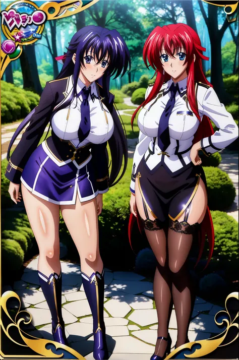 (best quality, ultra detailed, masterpiece), (2 girls), rias and himejima akeno, school uniform, seductive pose, detailed backgr...