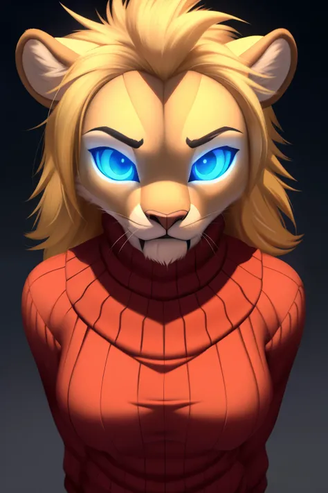 android wife, lioness anthro, blonde hair, blue eyes, glowing eyes, sweater, 3D Disney style