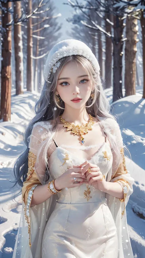 8k, masterpiece, 1 girl, beautiful face, very long hair, light makeup, detailed eyes, detailed lips, small bust, winter dress, golden dress, (wearing jewellery:1.8), (golden lace:1.4), ((snow falling:1.4)), attractive poses,