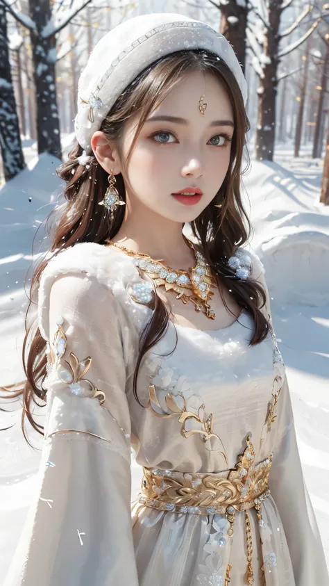 8k, masterpiece, 1 girl, beautiful face, very long hair, light makeup, detailed eyes, detailed lips, small bust, winter dress, golden dress, (wearing jewellery:1.8), (golden lace:1.4), ((snow falling:1.4)),