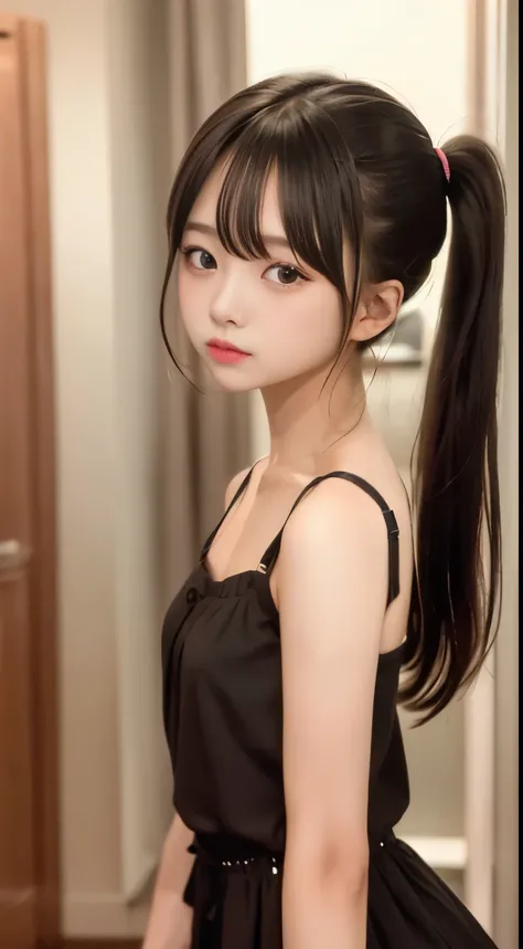 1 girl、the whole human body、female around 22 years old、idoly、small、hairstyle（blackhar、side ponytails、a knot）、camisole（lingerie f...