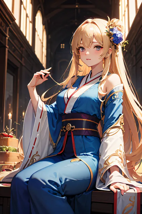 身穿蓝色连衣裙的金发长发animemanga girl, animemanga girl, anime goddess, flowing hair and long robes, wears a long robe, Dressed in robes, beautiful attractive anime woman, wears a long robe, Very detailed ArtGerm, 金发长发animemanga girl, guweiz on artstation pixiv, guwe...