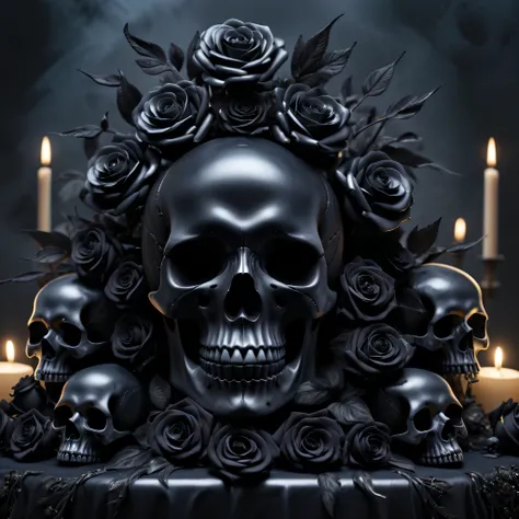 (Best Quality,8K,High resolution,masutepiece:1.2),Ultra-detailed,Eerily realistic black metal skull,elaborate corpse,Bouquet of black roses,altar,scary theme,horror festival setup